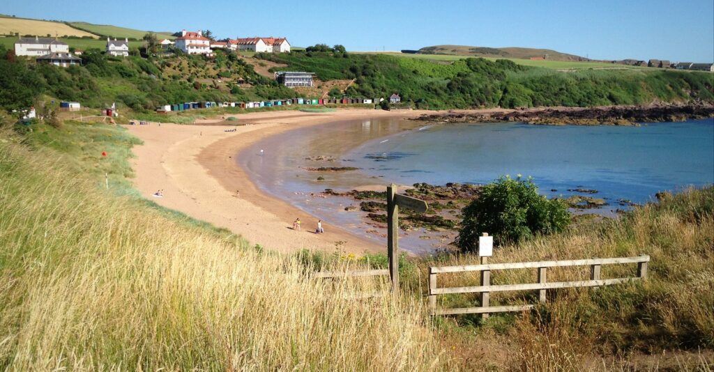 An image of Coldingham beach, showing the dunes and colourful beach huts.