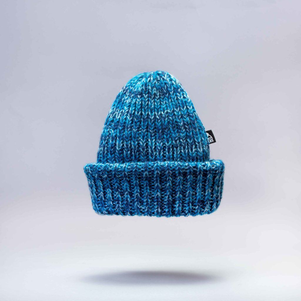 Chunky Blue hat knitted with Shetland yarn.