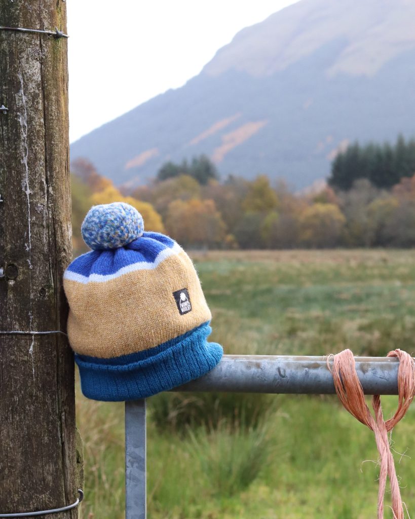 Image of a blue and sand coloured pompom hat on a fence in the countryside.
