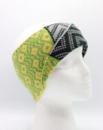 Image of a cross hatch pattern on a knitted headband, vibrant green and gold with dark green and silver colours.