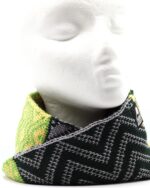 Image of a knitted headband worn around the neck. Colours are dark green and silver with bright green and gold patterns, by Wonky Woolies.