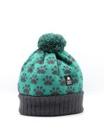 Image of a jade and grey bobble hat with a paw print pattern knit into it.